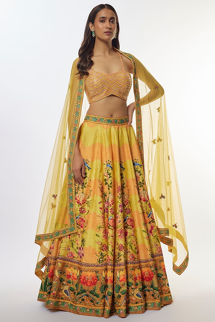 Yellow Viscose Silk Wedding Lehenga Set by Kalista at Pernia's Pop Up Shop