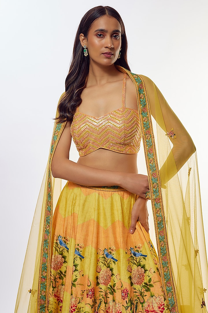 Yellow Viscose Silk Wedding Lehenga Set by Kalista at Pernia's Pop Up Shop