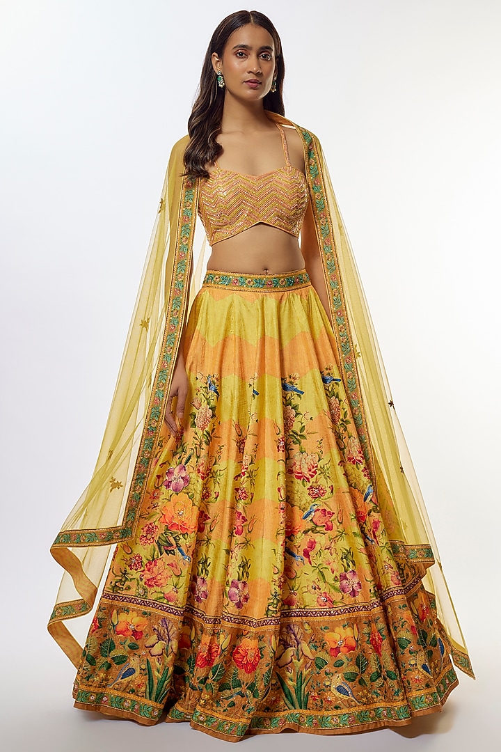 Yellow Viscose Silk Wedding Lehenga Set by Kalista at Pernia's Pop Up Shop