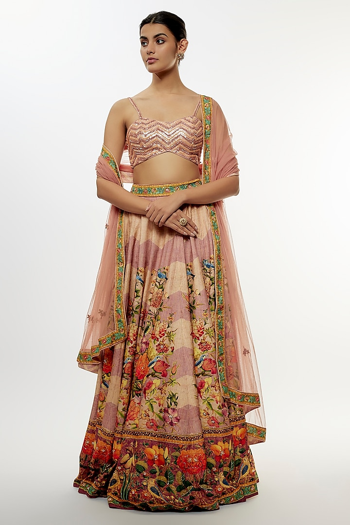 Peach Viscose Silk Wedding Lehenga Set by Kalista at Pernia's Pop Up Shop