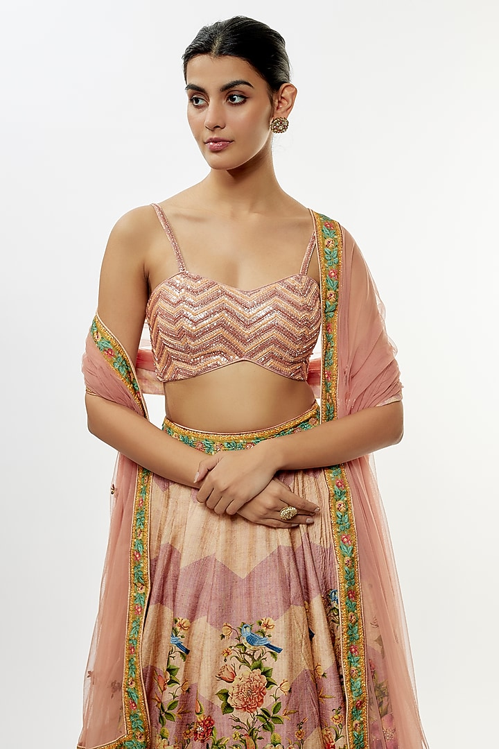 Peach Viscose Silk Wedding Lehenga Set by Kalista at Pernia's Pop Up Shop