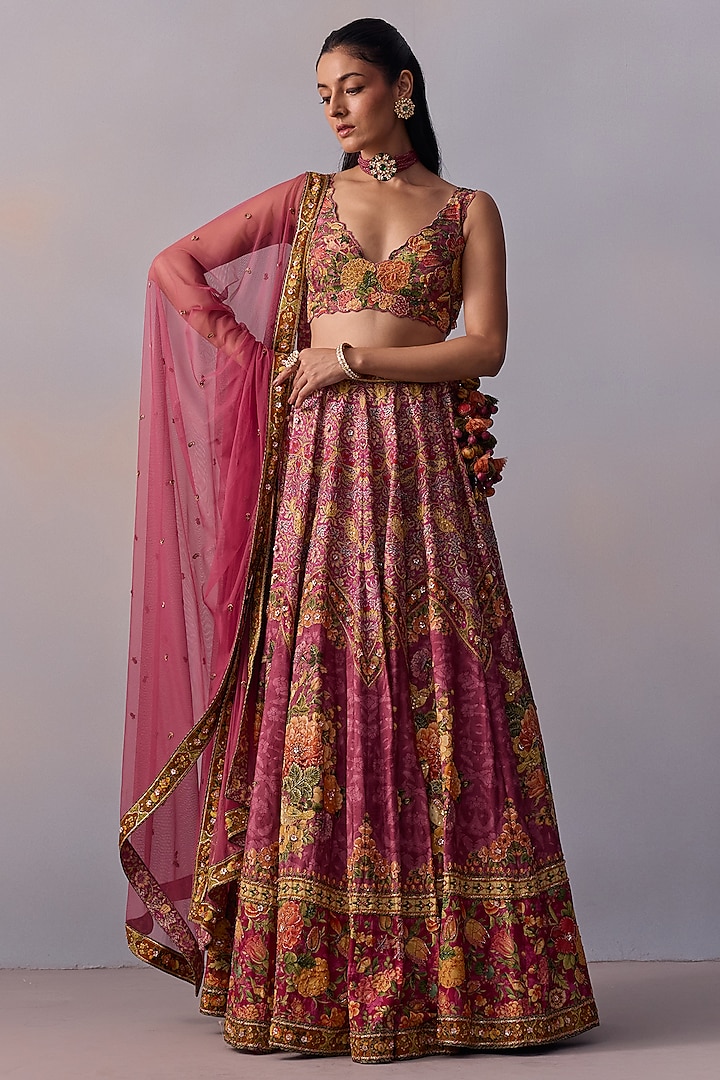 Candy Pink Viscose Silk Sequins Hand Embroidered Lehenga Set by Kalista