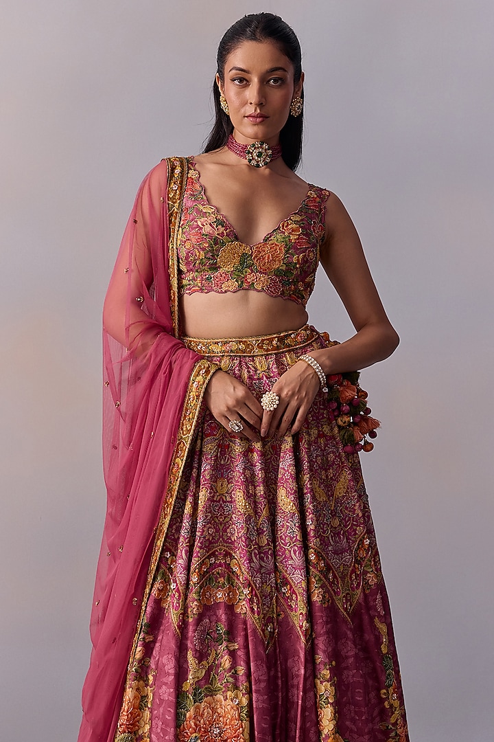 Candy Pink Viscose Silk Sequins Hand Embroidered Wedding Lehenga Set by Kalista at Pernia's Pop Up Shop