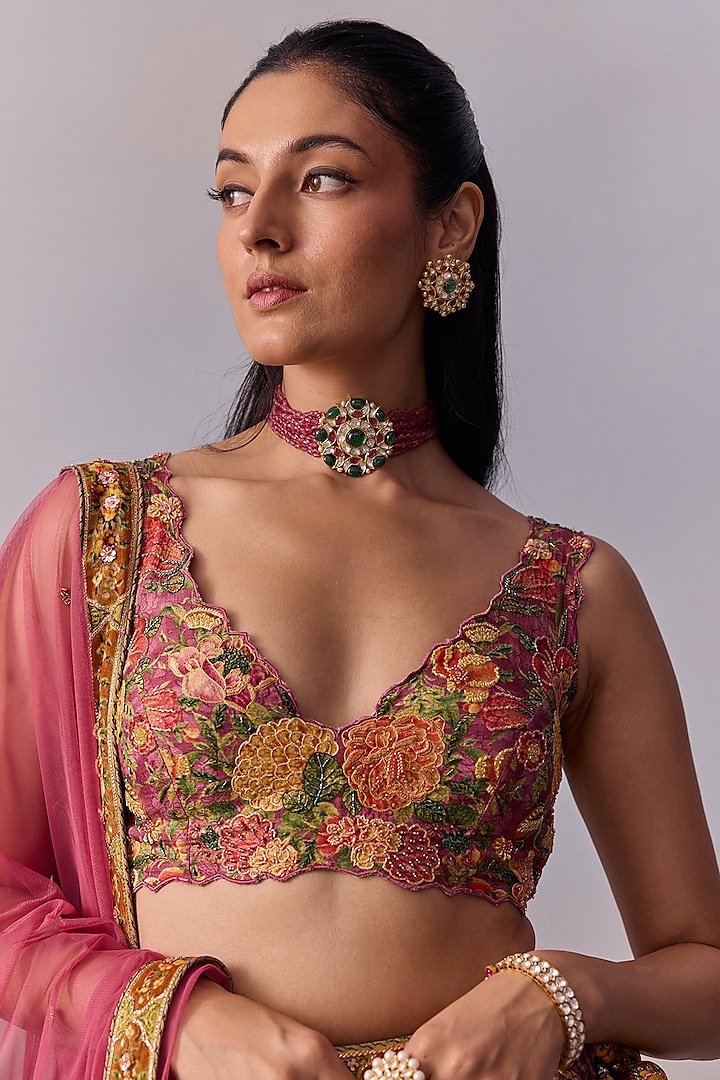 Candy Pink Viscose Silk Sequins Hand Embroidered Wedding Lehenga Set by Kalista at Pernia's Pop Up Shop