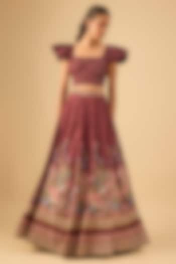 Wine Dola Silk Vintage Motif Printed Wedding Lehenga Set by Kalista at Pernia's Pop Up Shop