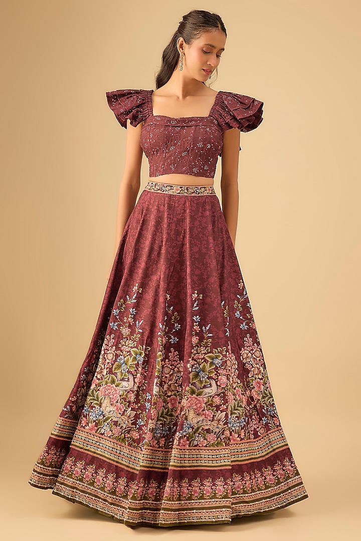 Wine Dola Silk Vintage Motif Printed Wedding Lehenga Set by Kalista at Pernia's Pop Up Shop