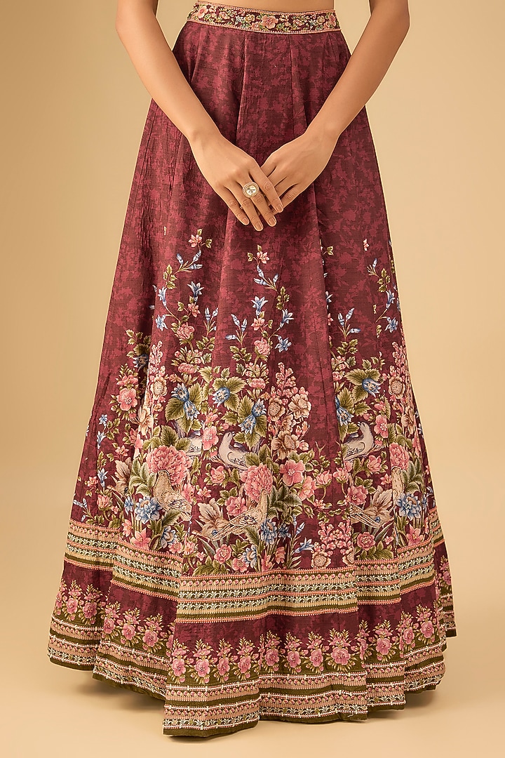Wine Dola Silk Vintage Motif Printed Wedding Lehenga Set by Kalista at Pernia's Pop Up Shop