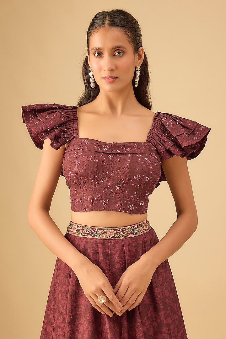 Wine Dola Silk Vintage Motif Printed Wedding Lehenga Set by Kalista at Pernia's Pop Up Shop