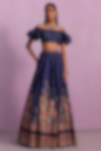 Midnight Blue Viscose Silk Printed & Embroidered Wedding Lehenga Set by Kalista at Pernia's Pop Up Shop