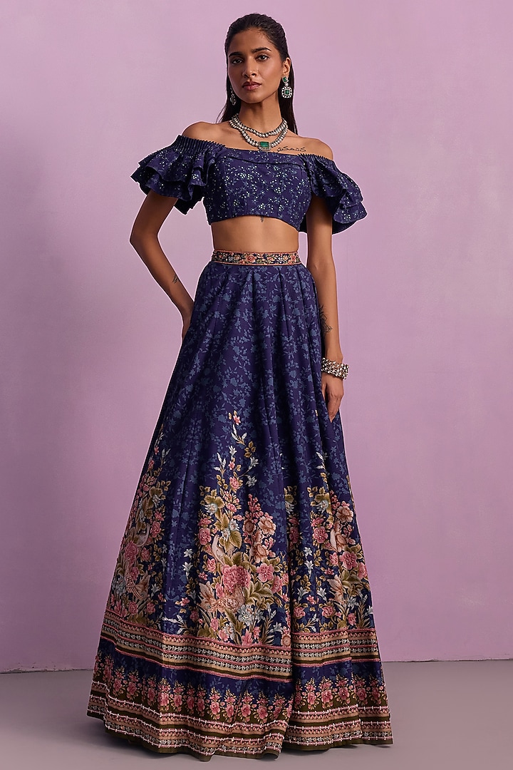 Midnight Blue Viscose Silk Printed & Embroidered Wedding Lehenga Set by Kalista at Pernia's Pop Up Shop