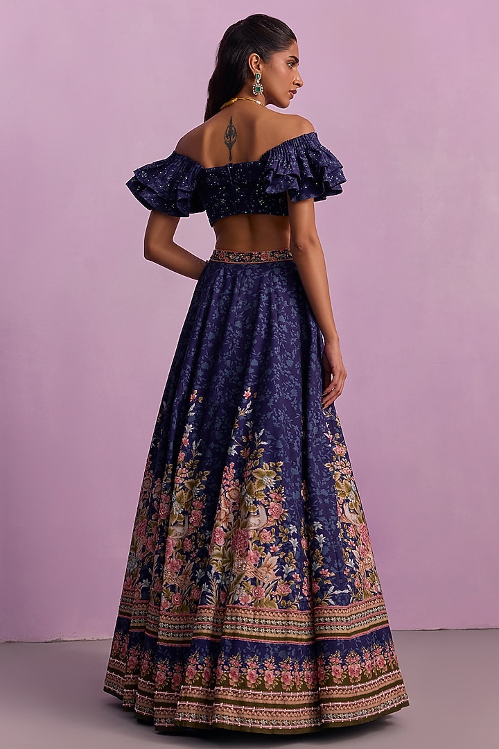 Midnight Blue Viscose Silk Printed & Embroidered Wedding Lehenga Set by Kalista at Pernia's Pop Up Shop