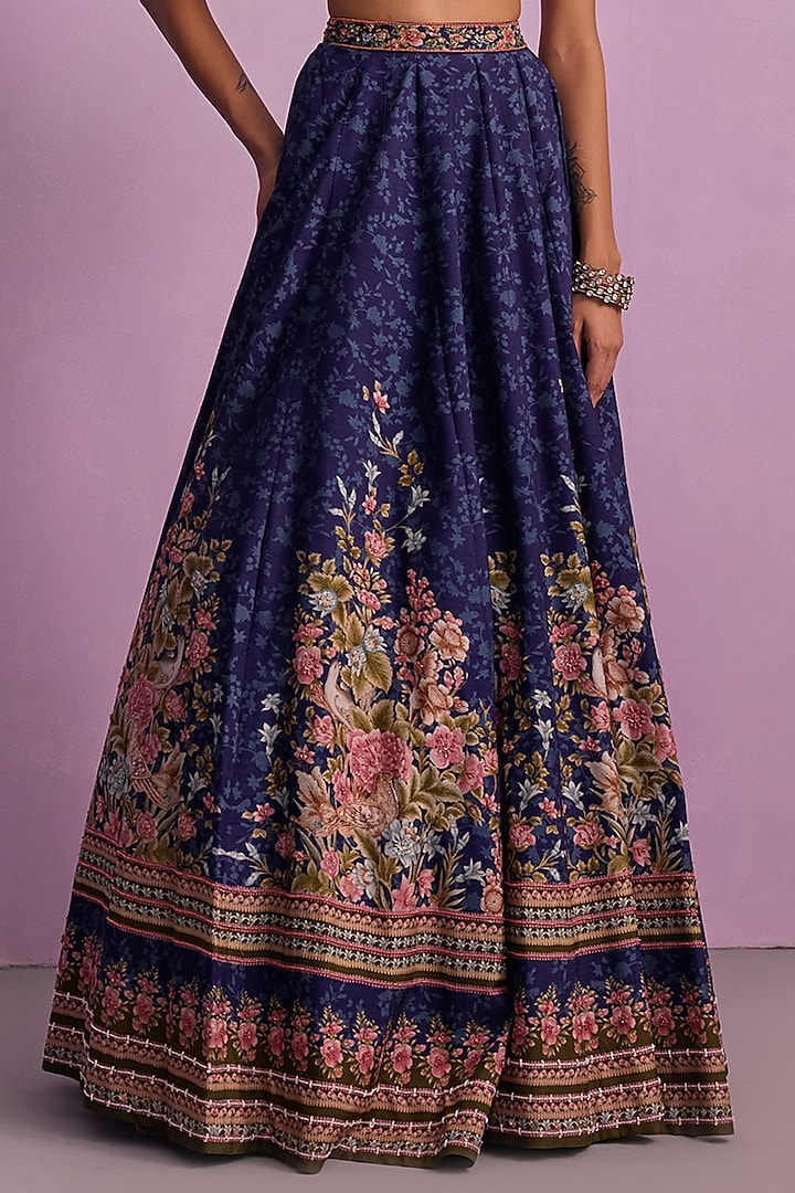 Midnight Blue Viscose Silk Printed & Embroidered Wedding Lehenga Set by Kalista at Pernia's Pop Up Shop