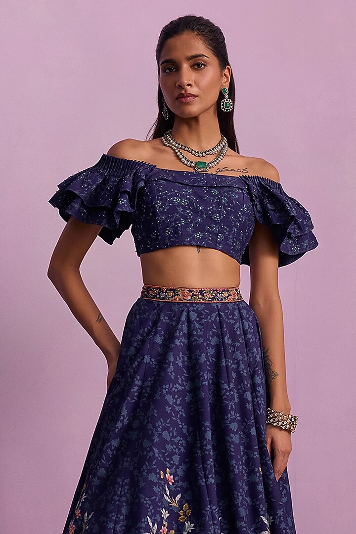 Midnight Blue Viscose Silk Printed & Embroidered Wedding Lehenga Set by Kalista at Pernia's Pop Up Shop