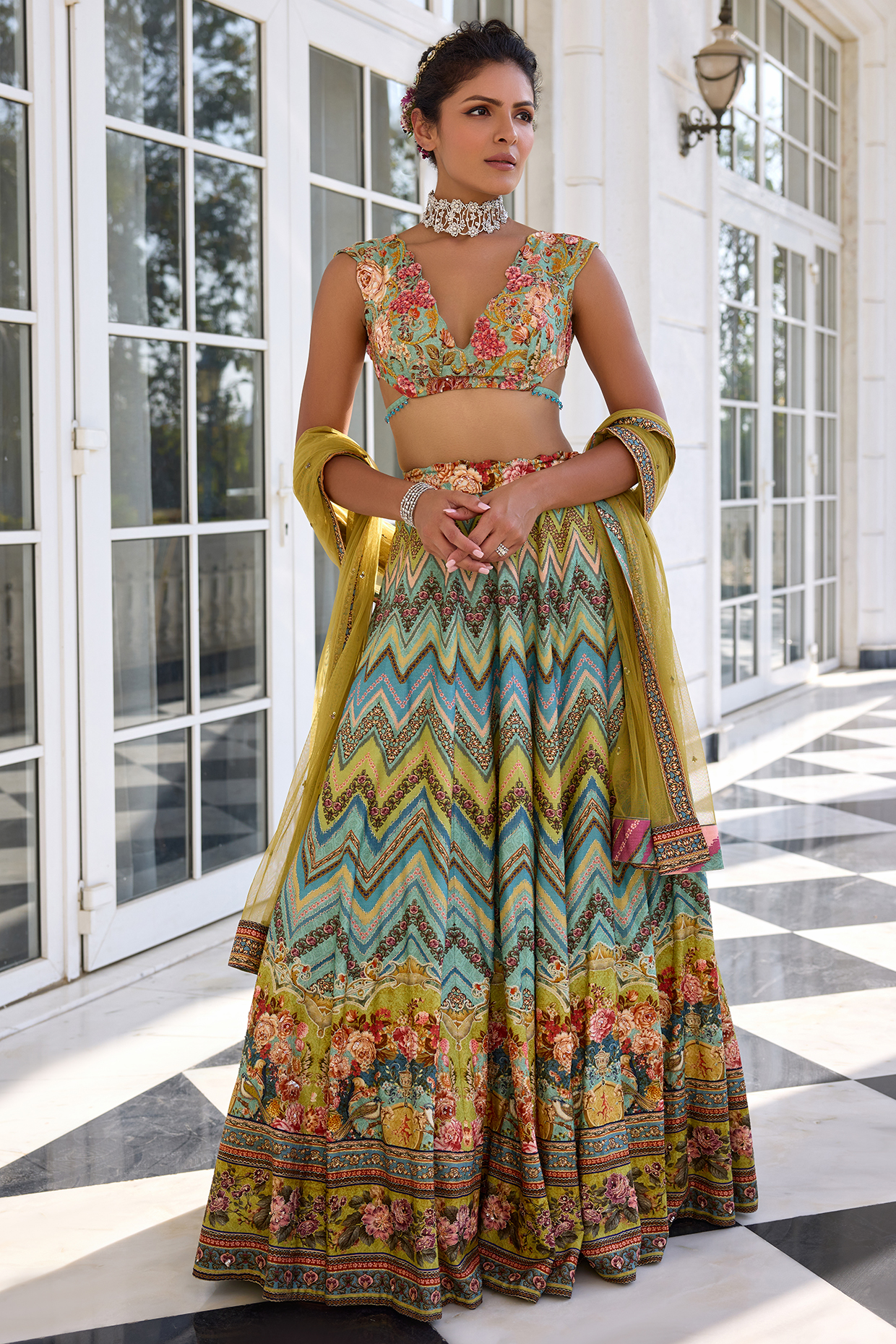 Multi-Colored Viscose Silk Abstract Printed Wedding Lehenga Set by Kalista at Pernia's Pop Up Shop