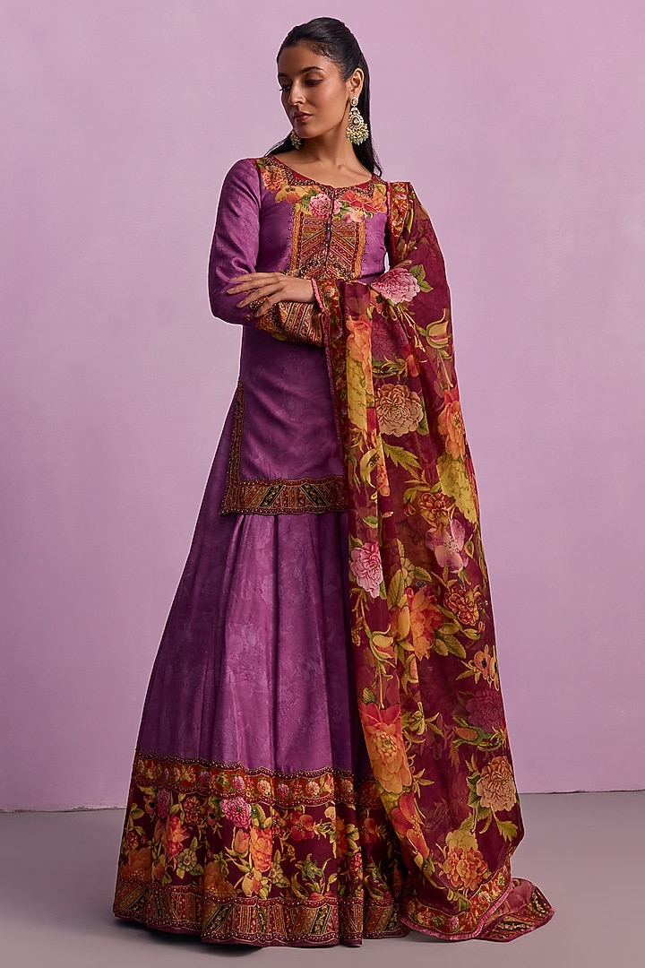 Purple Viscose Organza Printed Wedding Lehenga Set by Kalista at Pernia's Pop Up Shop