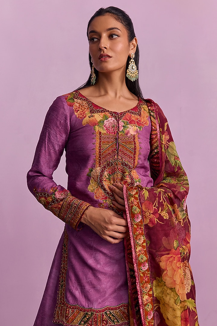 Purple Viscose Organza Printed Wedding Lehenga Set by Kalista at Pernia's Pop Up Shop