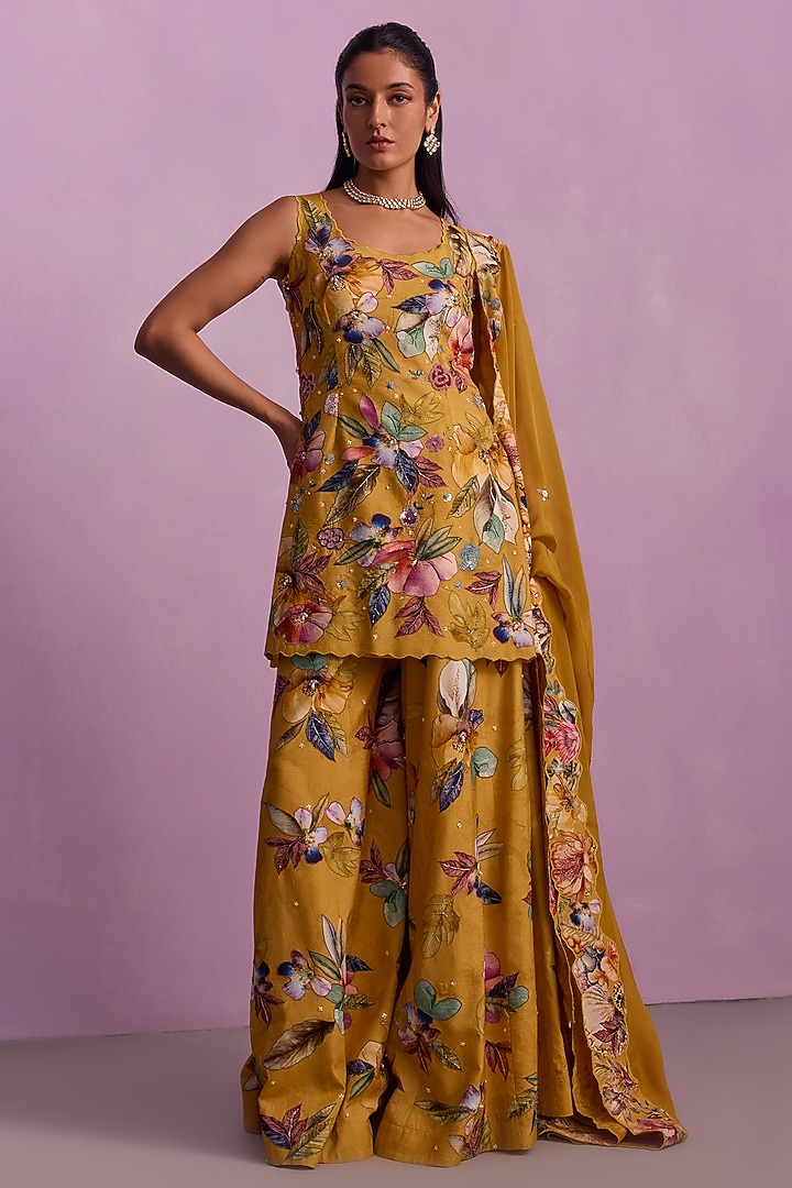 Mustard Georgette Wedding Sharara Set by Kalista at Pernia's Pop Up Shop