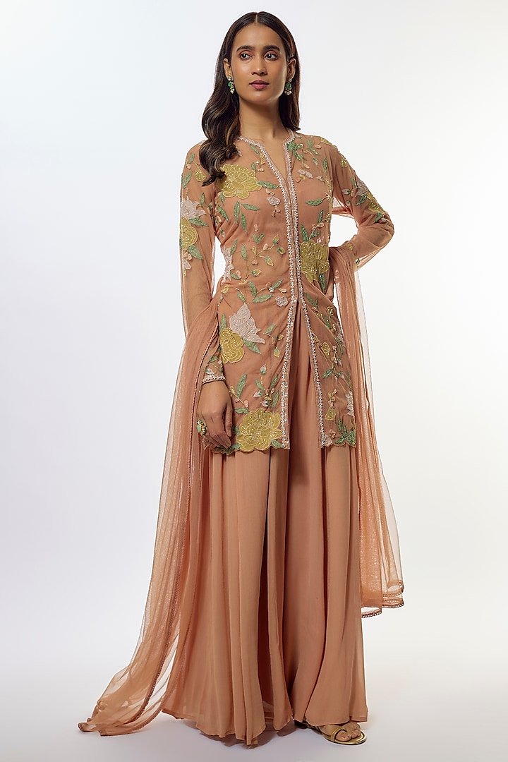 Peach Viscose Georgette & Tulle Jacket Set by Kalista at Pernia's Pop Up Shop