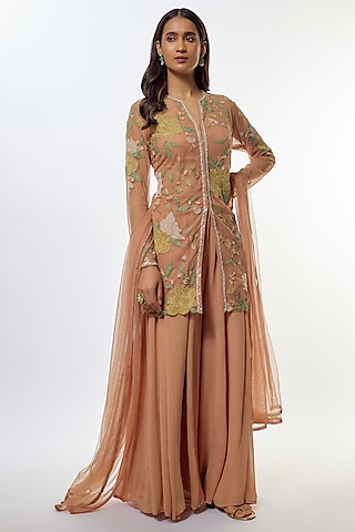 Peach Viscose Georgette & Tulle Jacket Set by Kalista
