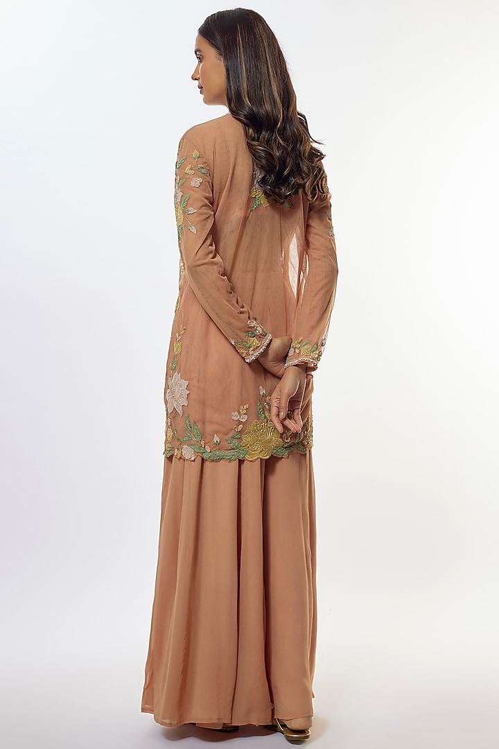 Peach Viscose Georgette & Tulle Jacket Set by Kalista at Pernia's Pop Up Shop