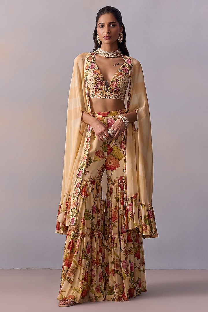 Cream Viscose Georgette Hand Painted Gharara Set by Kalista at Pernia's Pop Up Shop