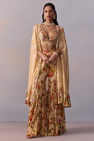 Cream Viscose Georgette Hand Painted Gharara Set by Kalista