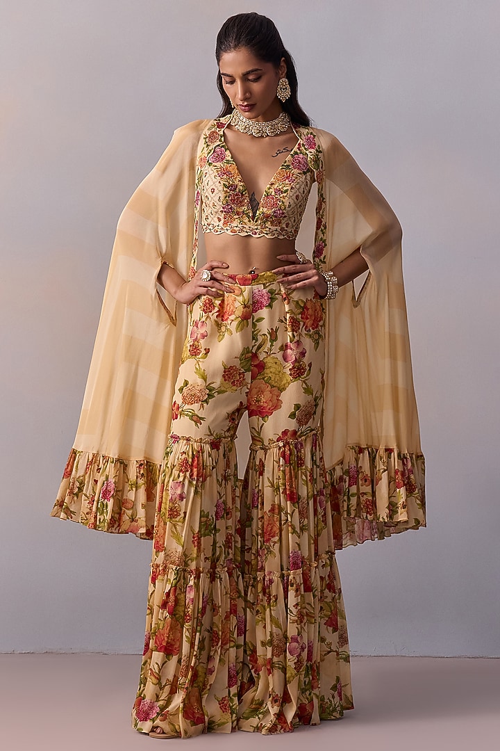 Cream Viscose Georgette Hand Painted Gharara Set by Kalista at Pernia's Pop Up Shop