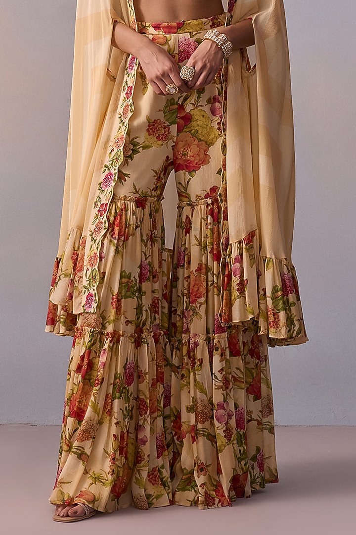 Cream Viscose Georgette Hand Painted Gharara Set by Kalista at Pernia's Pop Up Shop