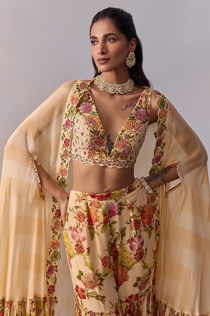 Cream Viscose Georgette Hand Painted Gharara Set by Kalista at Pernia's Pop Up Shop