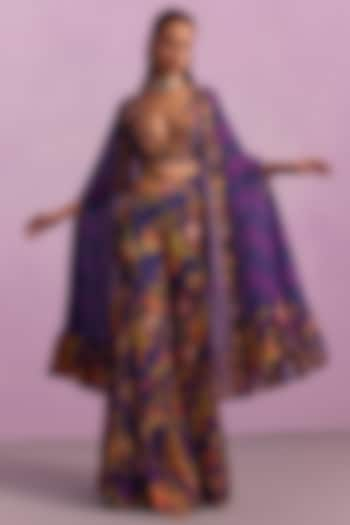 Bright Purple Viscose Georgette Hand Painted Gharara Set by Kalista