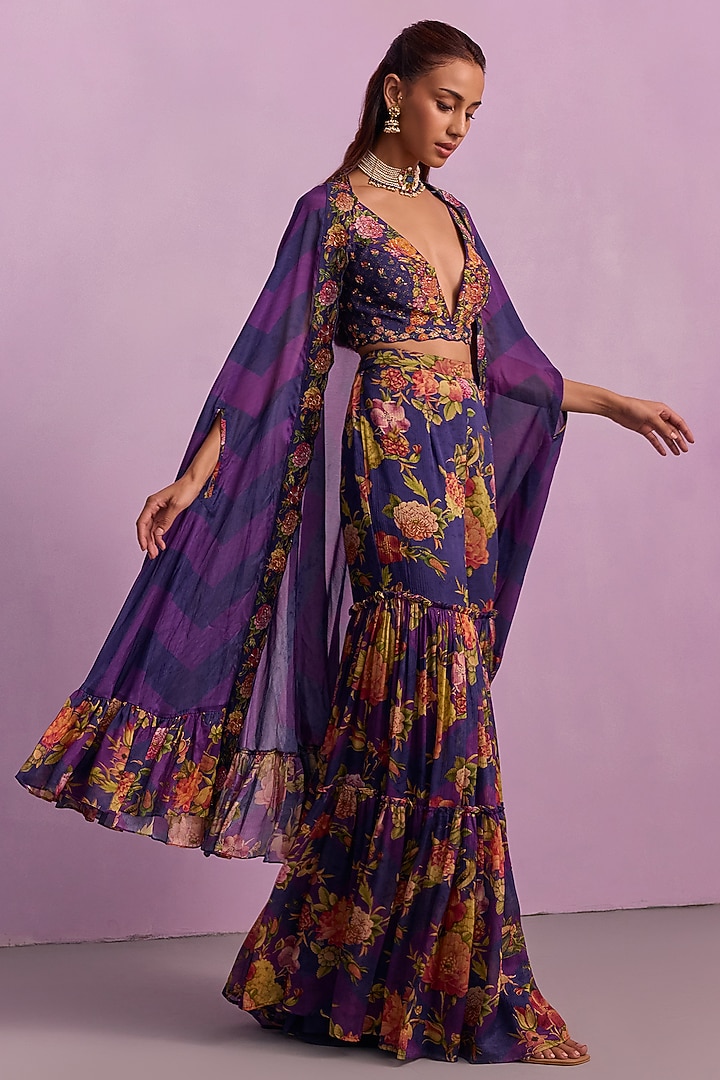 Bright Purple Viscose Georgette Hand Painted Gharara Set by Kalista at Pernia's Pop Up Shop