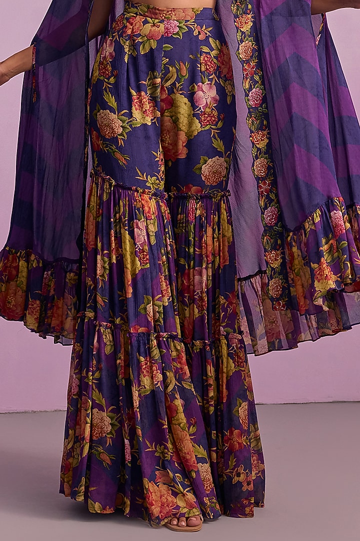 Bright Purple Viscose Georgette Hand Painted Gharara Set by Kalista at Pernia's Pop Up Shop