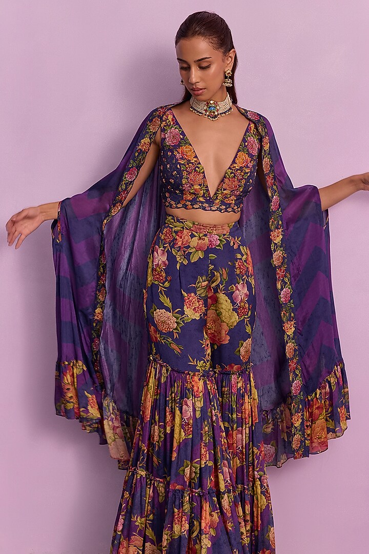 Bright Purple Viscose Georgette Hand Painted Gharara Set by Kalista at Pernia's Pop Up Shop