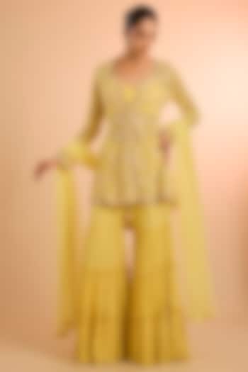 Yellow Viscose Silk & Tulle Gharara Set by Kalista at Pernia's Pop Up Shop