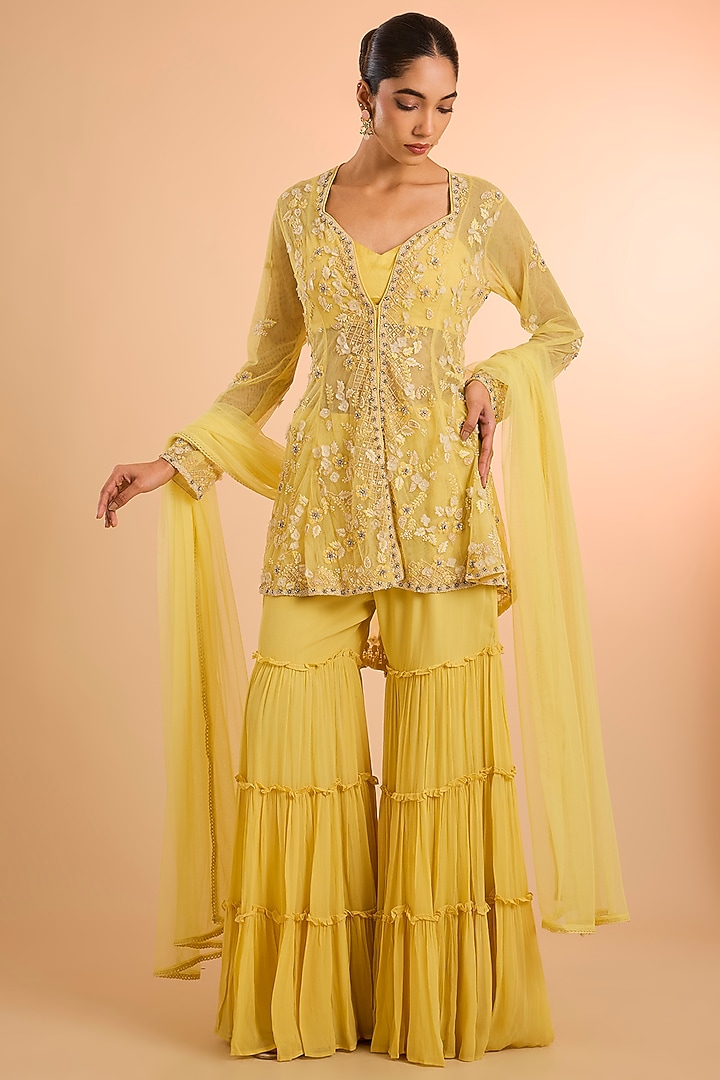 Yellow Viscose Silk & Tulle Gharara Set by Kalista at Pernia's Pop Up Shop