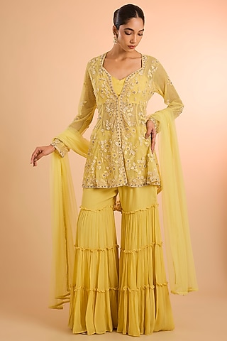 Yellow Viscose Silk & Tulle Gharara Set by Kalista