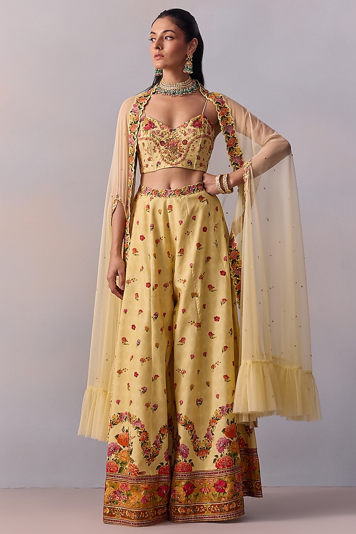Yellow Viscose Silk Sequin Hand Embroidered Wedding Sharara Set by Kalista at Pernia's Pop Up Shop