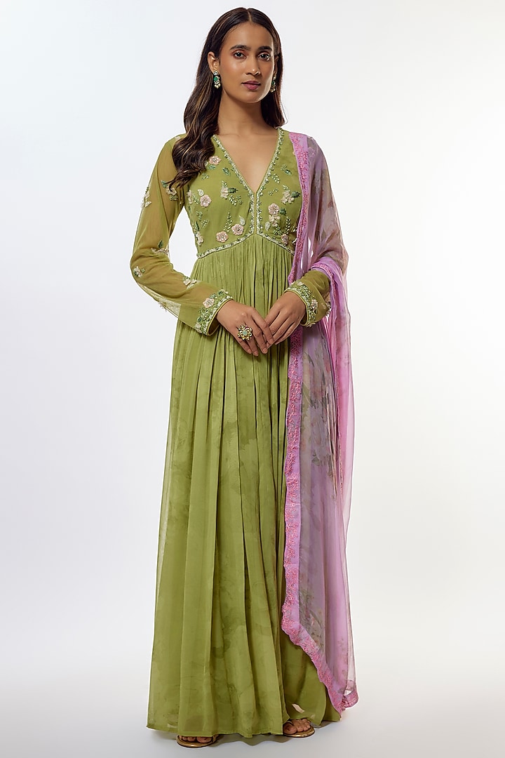 Green Viscose Georgette Anarkali Set by Kalista at Pernia's Pop Up Shop