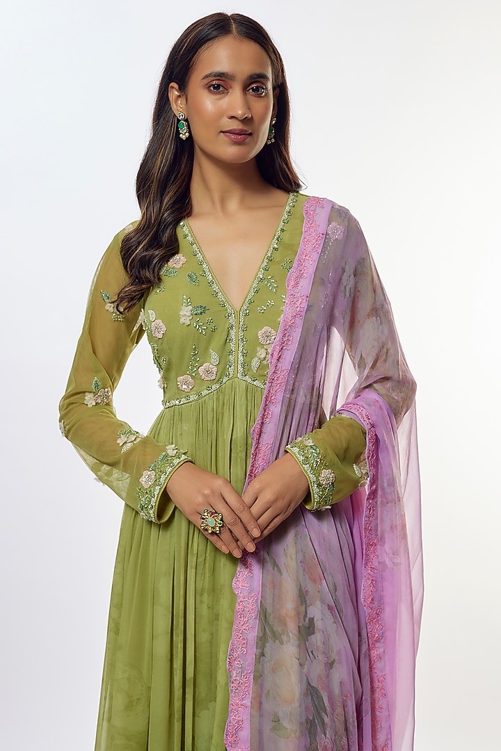 Green Viscose Georgette Wedding Anarkali Set by Kalista at Pernia's Pop Up Shop