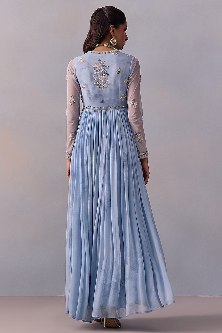 Powder Blue Viscose Georgette Hand Embroidered Wedding Anarkali Set by Kalista at Pernia's Pop Up Shop