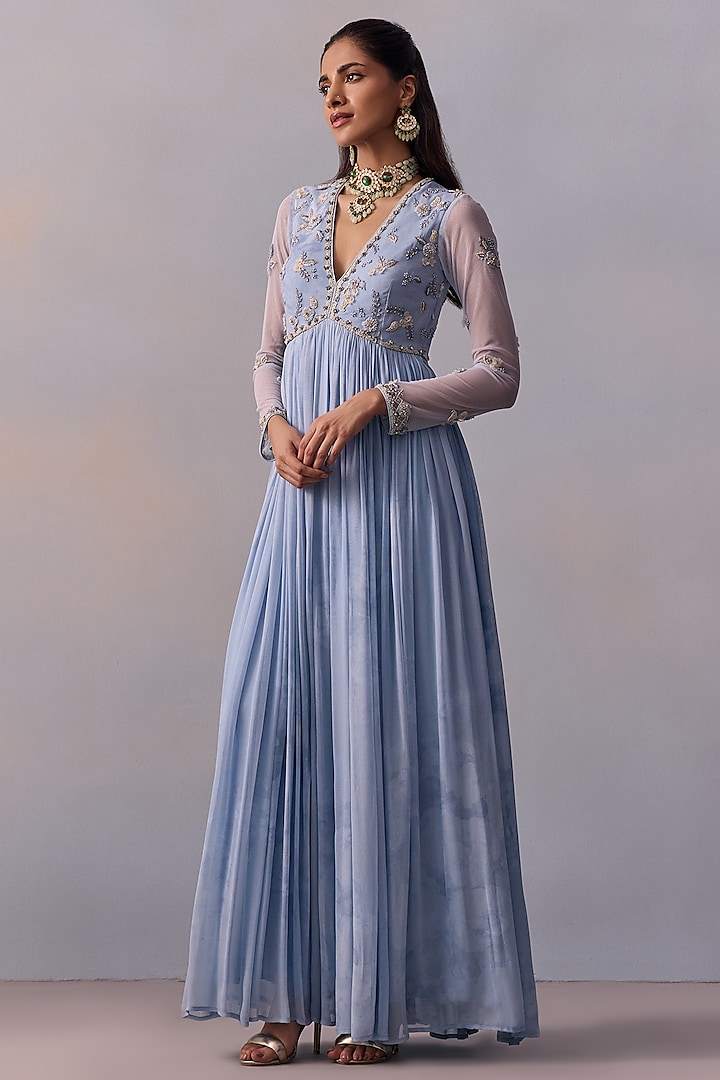 Powder Blue Viscose Georgette Hand Embroidered Wedding Anarkali Set by Kalista at Pernia's Pop Up Shop