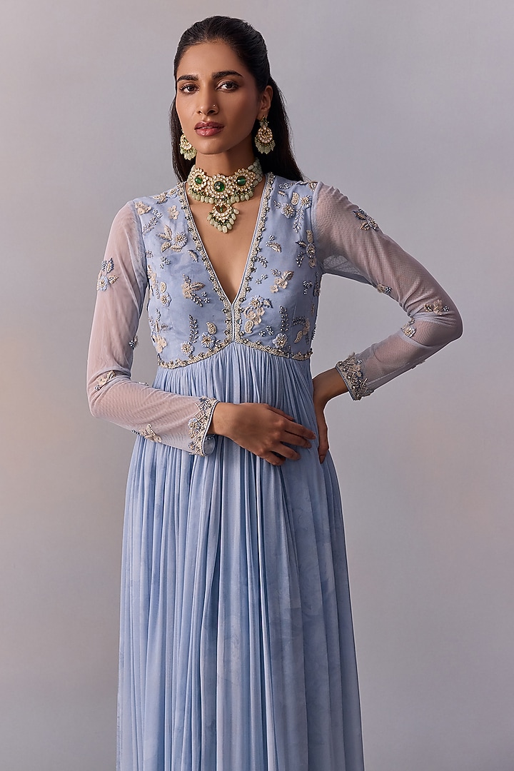 Powder Blue Viscose Georgette Hand Embroidered Wedding Anarkali Set by Kalista at Pernia's Pop Up Shop