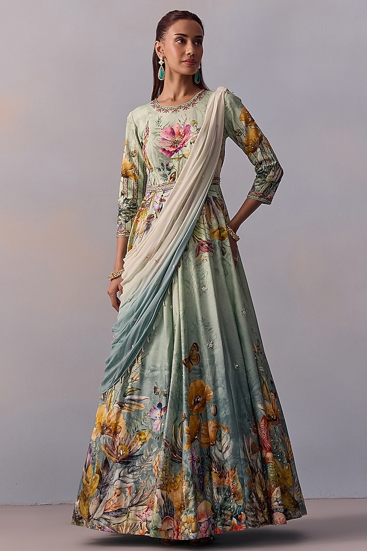 Powder Blue & Ivory Viscose Hand Embroidered Floral Anarkali Set by Kalista at Pernia's Pop Up Shop