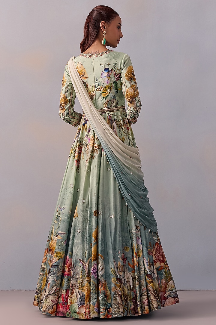 Powder Blue & Ivory Viscose Hand Embroidered Floral Wedding Anarkali Set by Kalista at Pernia's Pop Up Shop