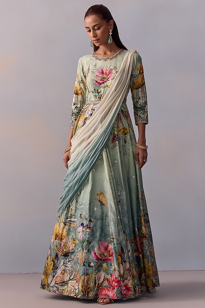 Powder Blue & Ivory Viscose Hand Embroidered Floral Wedding Anarkali Set by Kalista at Pernia's Pop Up Shop