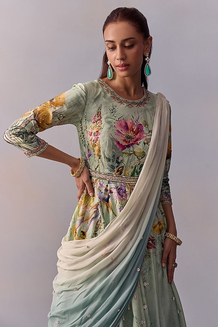 Powder Blue & Ivory Viscose Hand Embroidered Floral Wedding Anarkali Set by Kalista at Pernia's Pop Up Shop