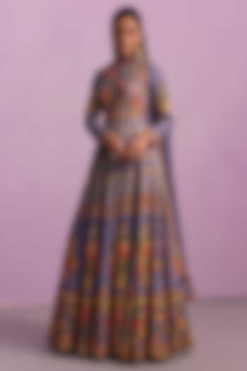 Purple Viscose Silk Hand Embroidered Floral Anarkali Set by Kalista at Pernia's Pop Up Shop