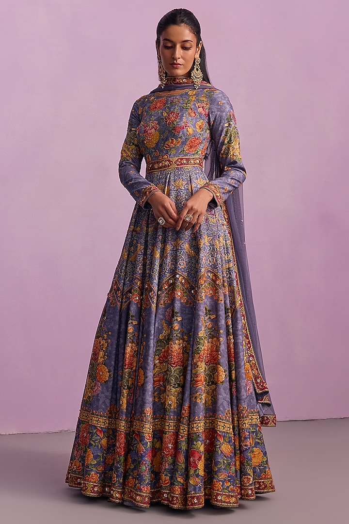 Purple Viscose Silk Hand Embroidered Floral Anarkali Set by Kalista at Pernia's Pop Up Shop