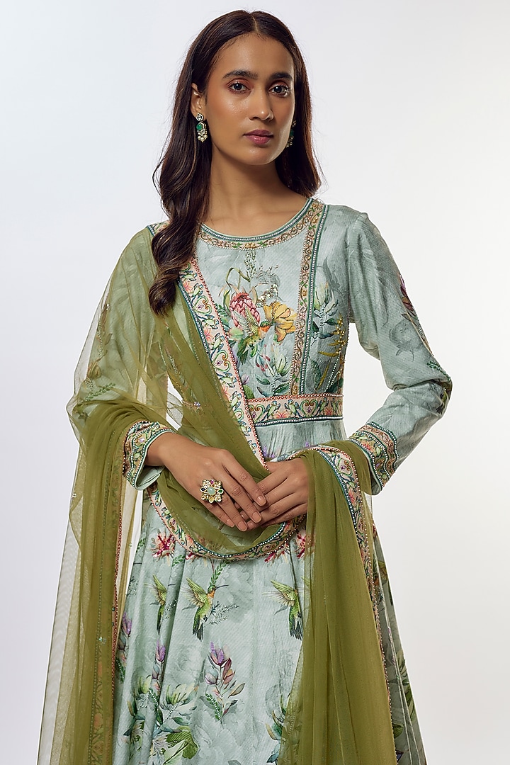 Light Aqua Viscose Silk Wedding Anarkali Set by Kalista at Pernia's Pop Up Shop