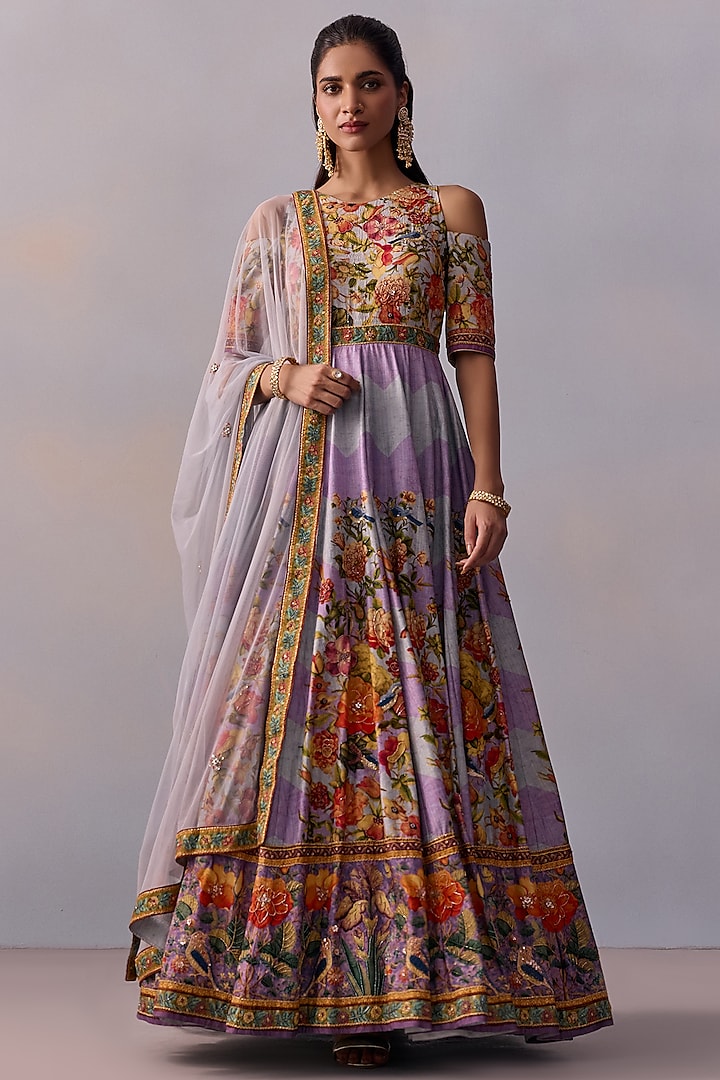 Violet Viscose Silk Bead Hand Embroidered Anarkali Set by Kalista